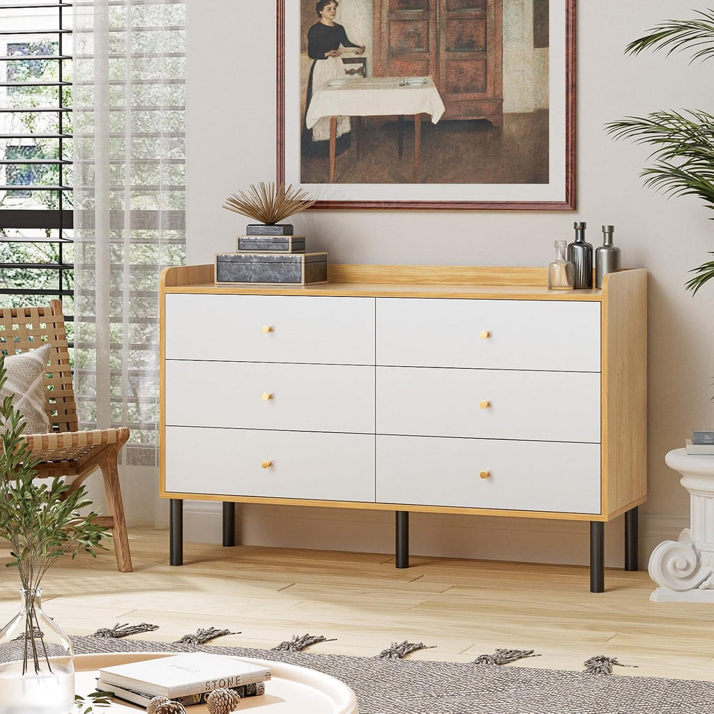 LYNSOM Dresser for Bedroom, 6 Drawer Natural Wood Dresser with Wide Drawer and Metal Handles, Modern Dressers & Chests of Drawers for Hallway Entryway