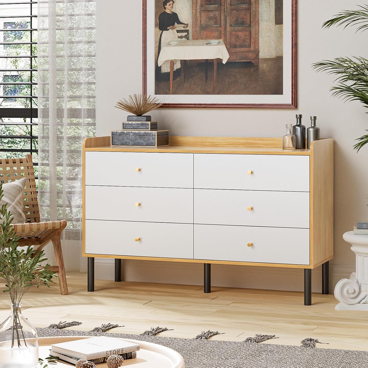 LYNSOM Dresser for Bedroom, 6 Drawer Natural Wood Dresser with Wide Drawer and Metal Handles, Modern Dressers & Chests of Drawers for Hallway Entryway