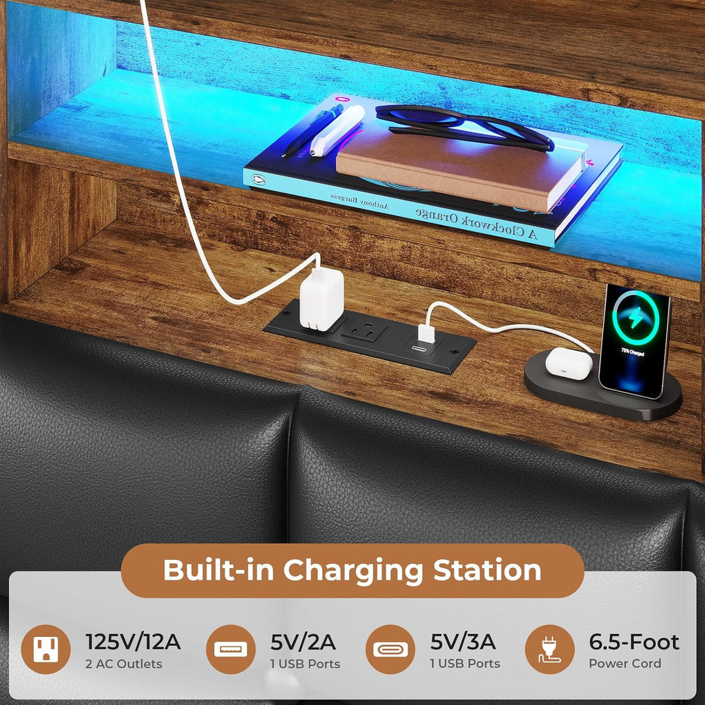 VIAGDO Full Size Bed Frame with Bookcase Headboard and Storage, Upholstered Platform Bed Frame Full Size with Charging Station, 4 Drawers and LED Lights, Heavy Duty, No Box Spring Needed, Black