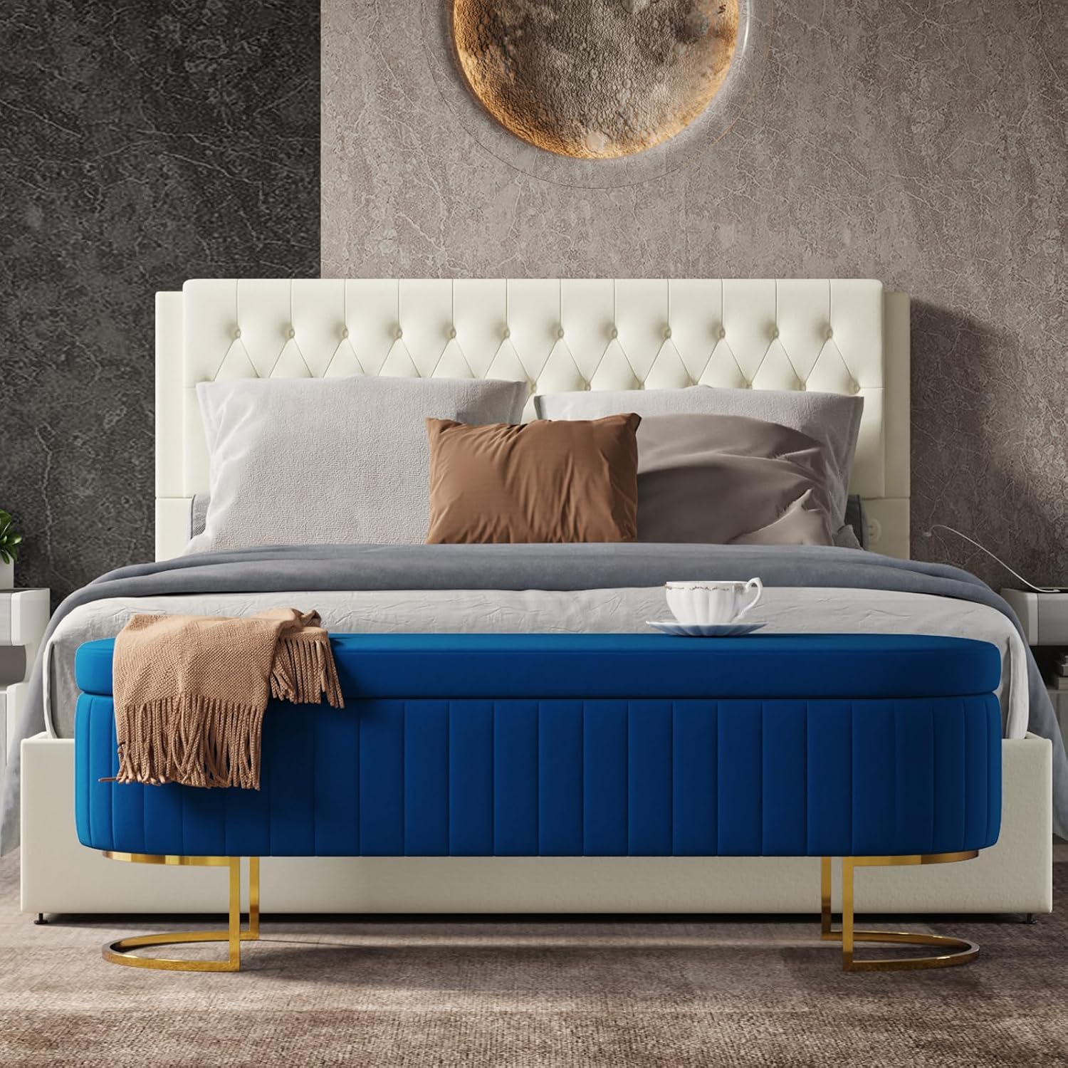 EcoHarbor Living 55.5' Storage Bench Ottoman End of Bed Bench Bedroom Bench, Upholstered Velvet Long Window Bench Large King Size with Gold Legs, Flipping Lid Entryway Footrest