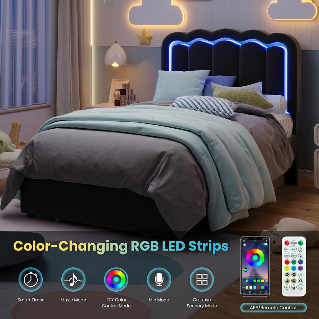 SHA CERLIN Upholstered Twin Size Bed Frame with LED Lights and Large Storage Drawer, Velvet Platform Bed with Adjustable Wavy Headboard, Noise Free, Easy Assembly, No Box Spring Needed, Soft Black