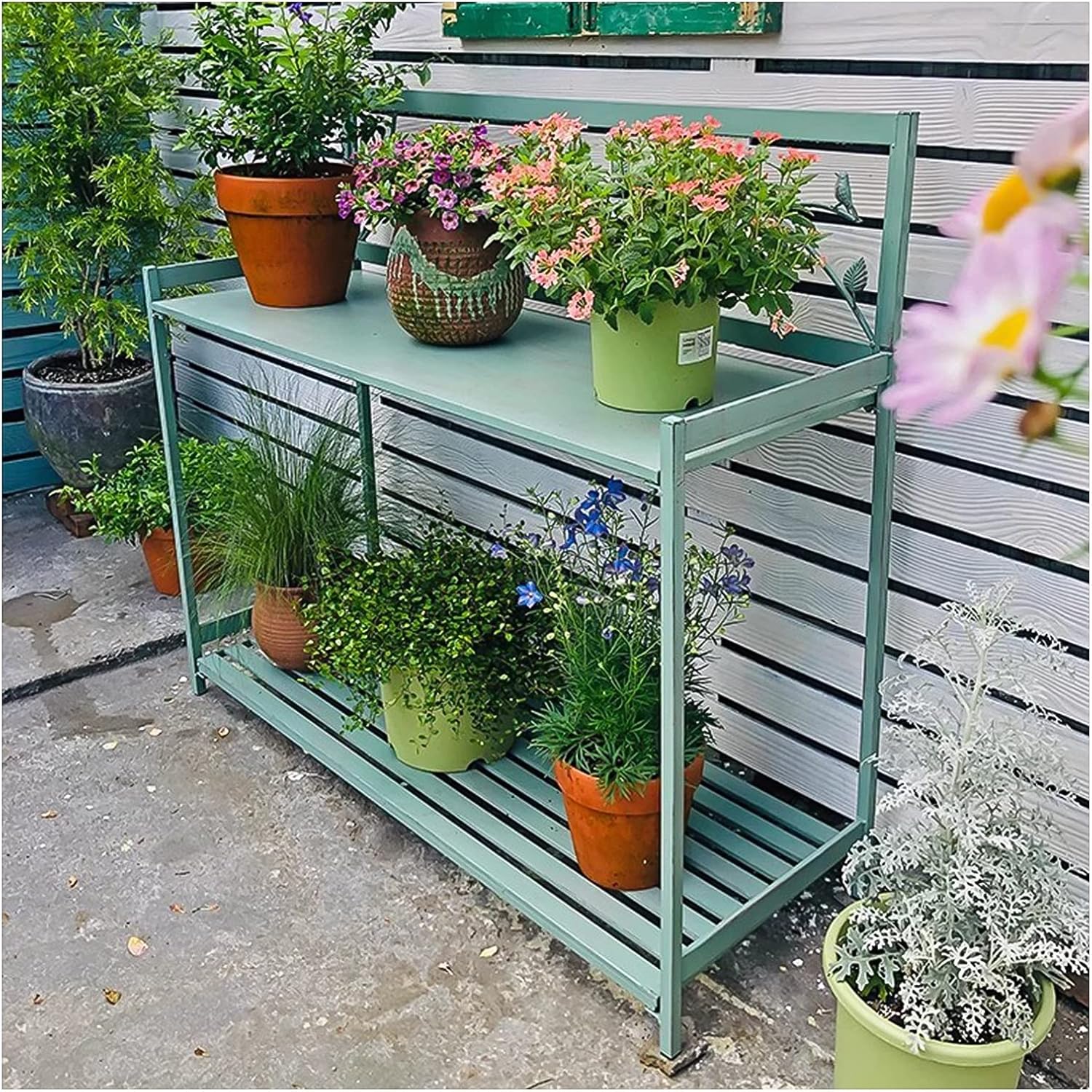 Planting Workstation Table for Outdoor Patio with 2-Tier Open Shelf, Metal Potting Bench for Garden, Potting Table for Planting and Gardening