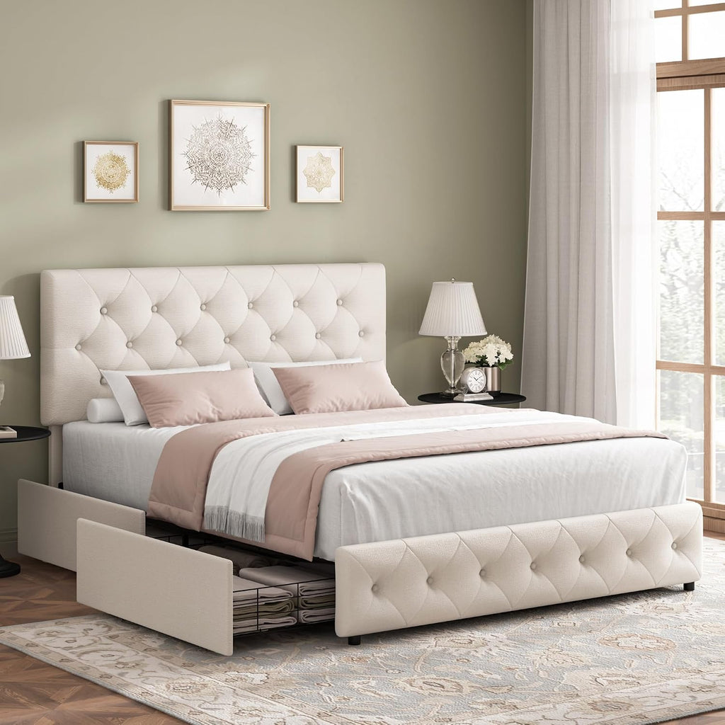 Keyluv Modern Upholstered Bed Frame with 4 Storage Drawers, Button Tufted Headboard Design, Solid Wooden Slat Support, Easy Assembly, Fabric, Beige, Queen Size
