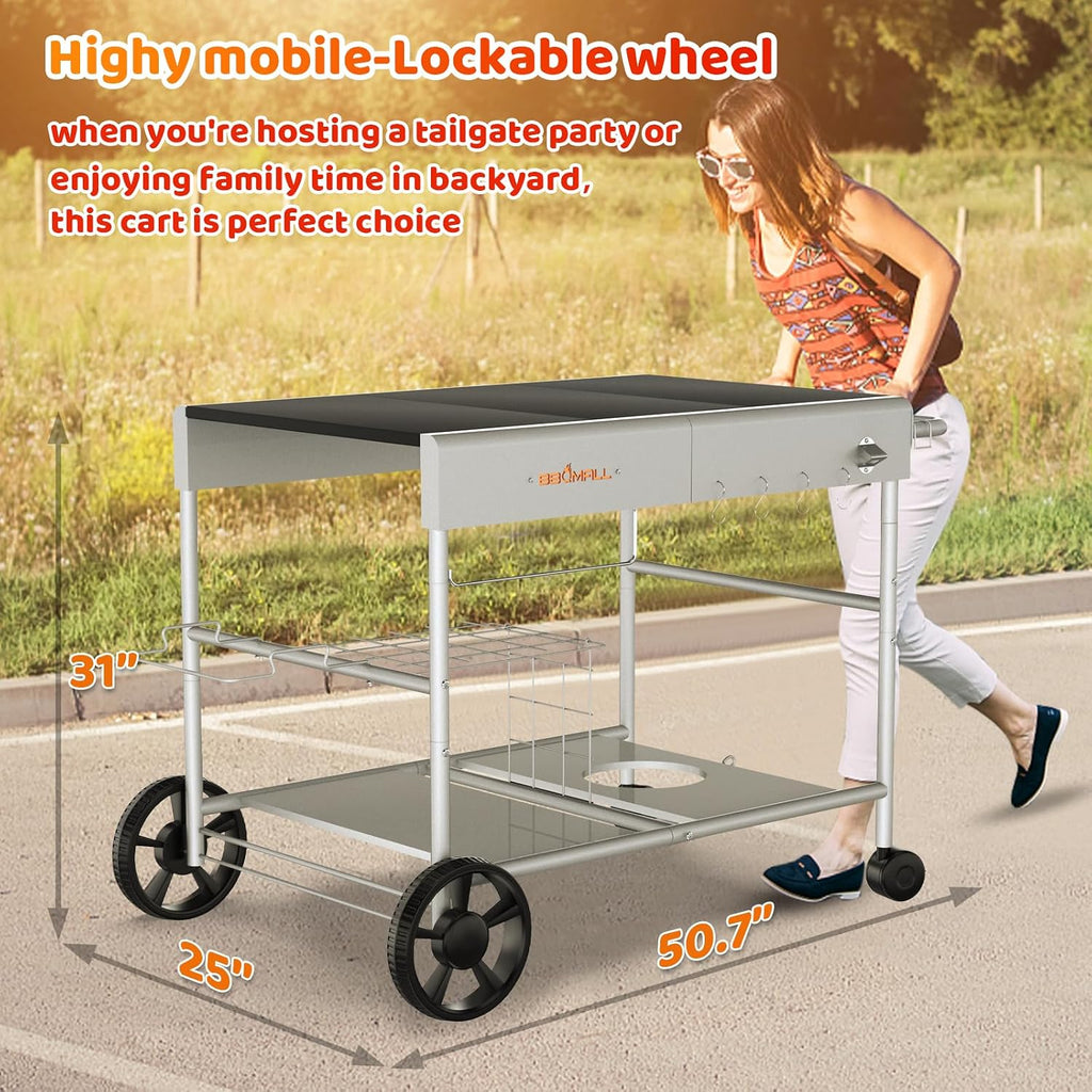 Upgraded Pizza Oven Cart Table for Ooni Koda/Karu/Fyra 16 & 12, Movable Thicken & Widen Rolling Kitchen Cart, Outdoor Grill Stand for Ninja Woodfire,Blackstone Griddle,Barbecue Tool Set
