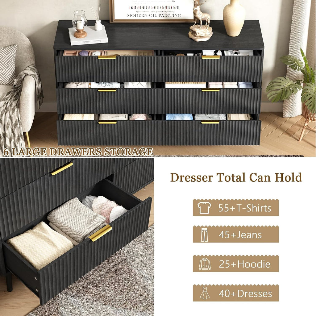 CARPETNAL Fluted 6 Drawer Dresser for Bedroom, 55' Wide Wooden Chest of Drawers with Rounded Corners, Gold Handles, Modern Storage Organizer for Bedroom, Hallway(Black)
