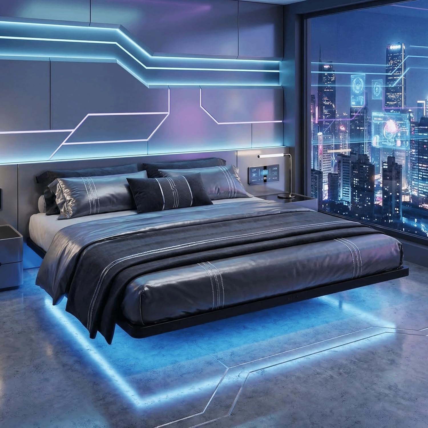 SHA CERLIN Floating Bed Frame King Size with Smart LED Lights and Charging Station, Heavy Duty Metal Platform Bed with Modern Design,No Box Spring Needed, Easy Assembly, Matte Black