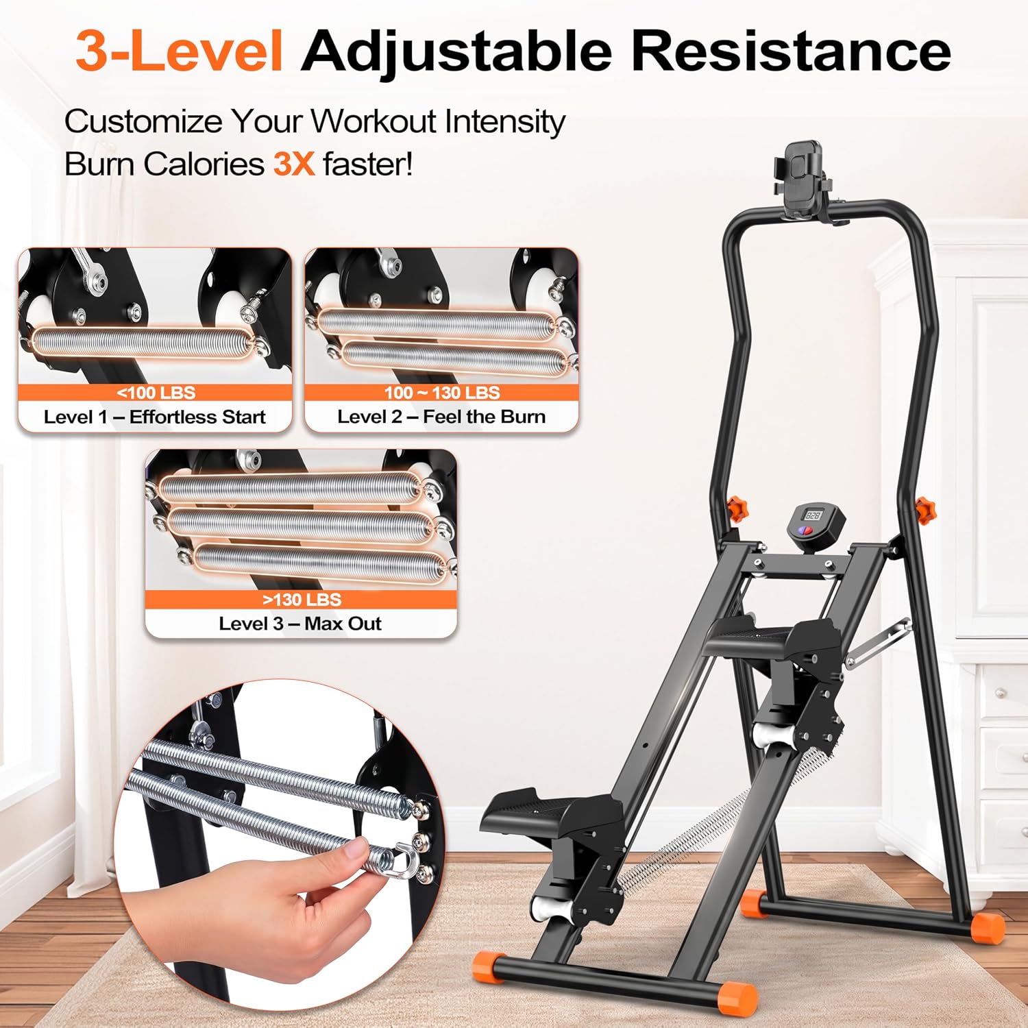 EPHESPORT Stair Stepper for Home Gym, 2.0 Stair Climber Machine with 3-Level Adjustable Resistance, Non-Slip Pedals, Digital Monitor & Phone Holder, Foldable Workout Equipment for Legs Glutes Cardio