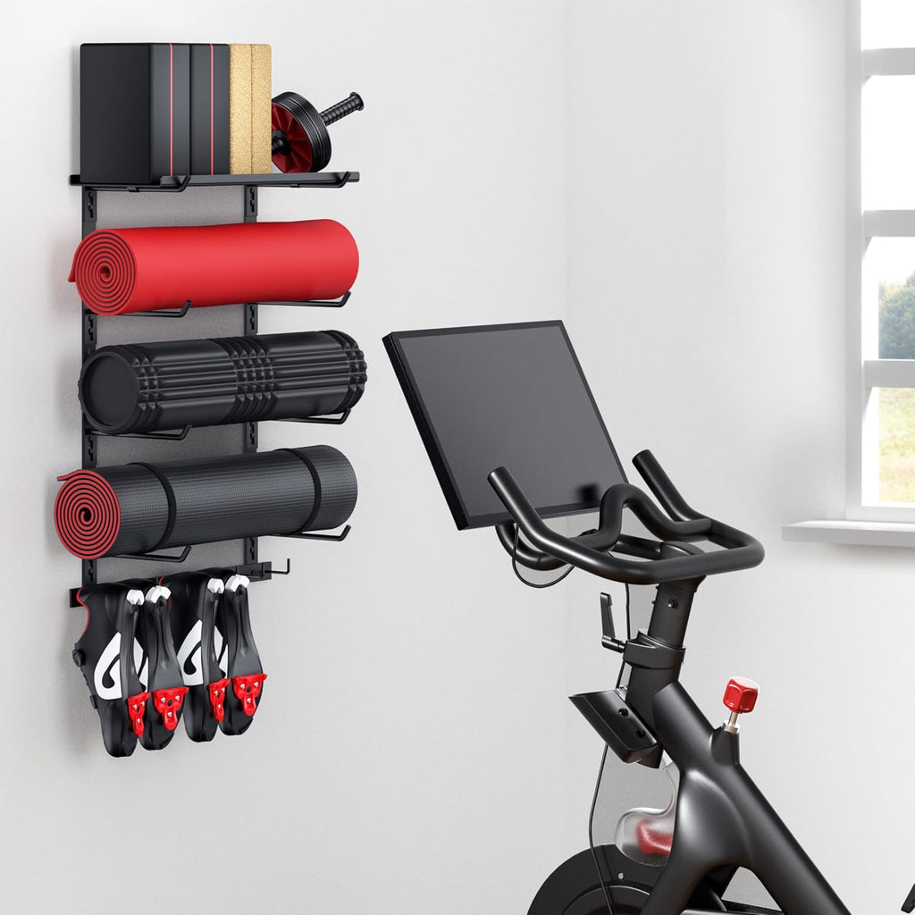 Home Gym Storage Shelf Only, Adjustable Gym Equipment Organizer Wall Mounted with 1 Board, Yoga Mat Holder, Storage Rack Compatible with Peloton Shoes & Mat, Shelf for Home Training Accessories