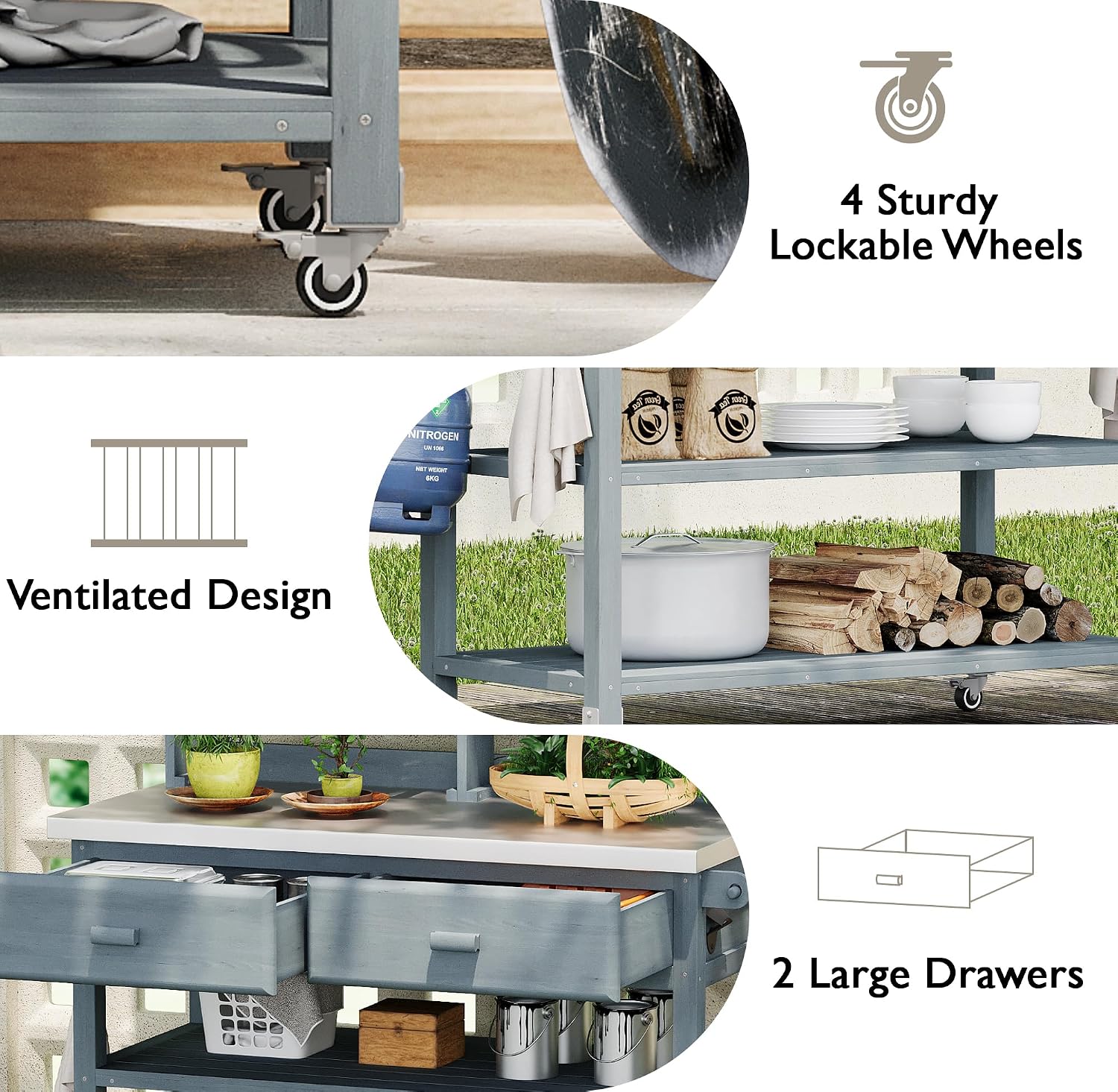 64.9-Inch Height Outdoor Potting Table with Lockable Wheels, Solid Wood Rolling Cart, Storage Hutch & Towel Rack, Spacious Organizer for Patio Gardening, Plant Repotting (Grey+Blue)