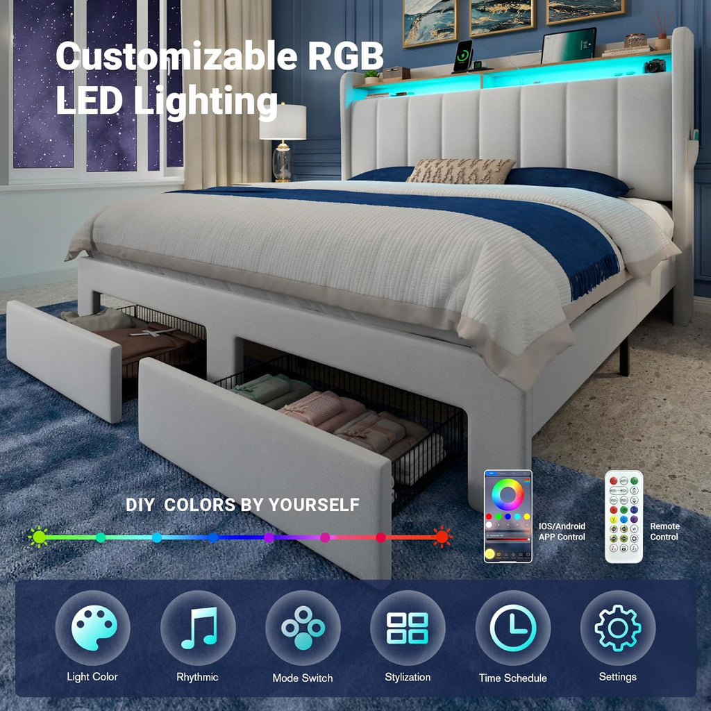 Allewie Velvet Vertical Tufted Queen Upholstered Platform Bed Frame with 2-Tier LED Storage Headboard & 2 Storage Drawers, USB & Type-C Charging Ports, Noise-Free/No Box Spring Needed, White