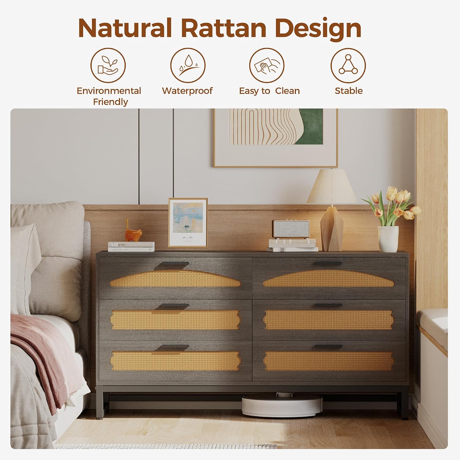 Mericonia 6 Drawer Double Dresser for Bedroom, Rattan Chest of Drawers, Modern Wooden Dresser Chest with Metal Frame for Bedroom, Living Room, Hallway and Entryway, Black