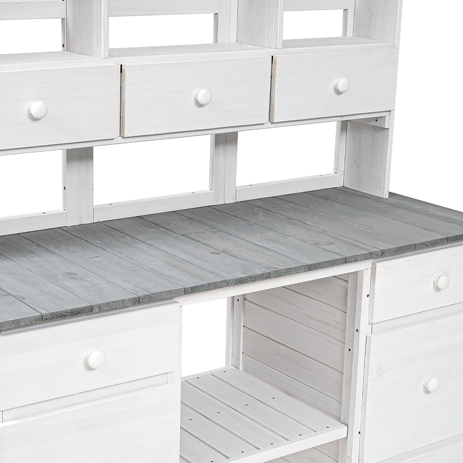 Rustic 50''W Garden Potting Bench Table with 3 Tiers Shelf and Ample Drawers, Large Gardening Workstation with Fir Wood Frame for Outdoor Space, White+gray