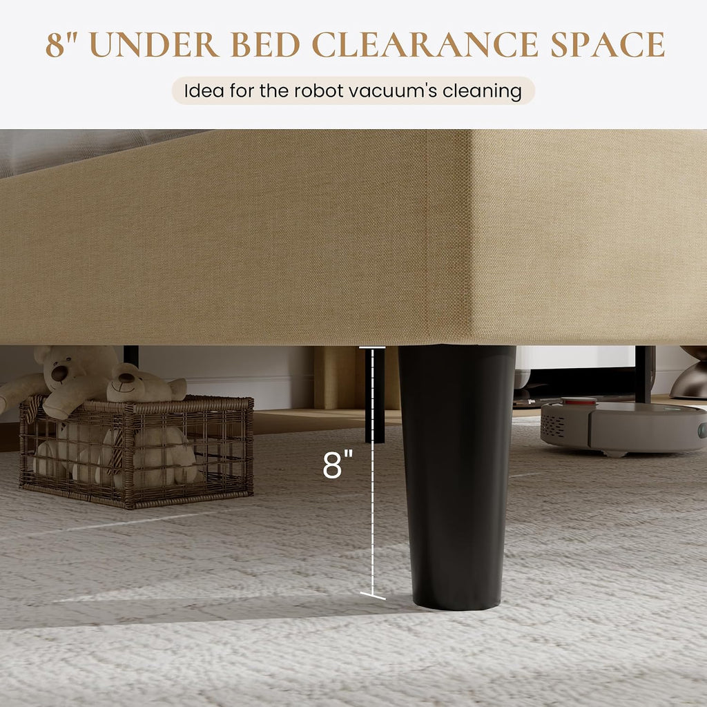 SHA CERLIN Full Size Platform Bed Frame with Charging Station, Linen Wingback Headboard with Storage Shelf, Wooden Slats Support, Ample Under-Bed Space, No Box Spring Needed, Easy Assembly, Beige