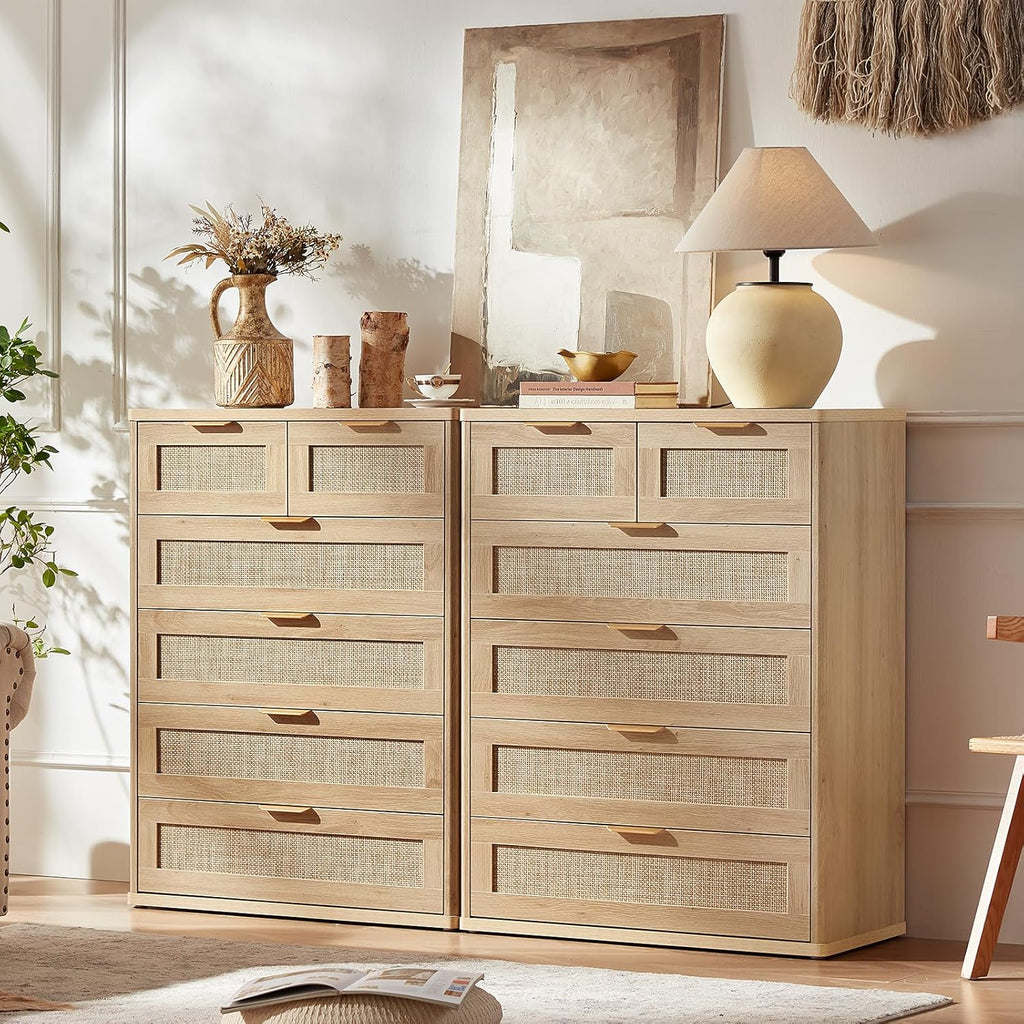 LEYAOYAO Rattan Dresser for Bedroom, 41' Tall Chest of Drawers, Modern 6 Drawers Boho Dressers with Storage, Light Oak Dresser Wooden Closet Organizer for Living Room, Hallway, Natural Wood