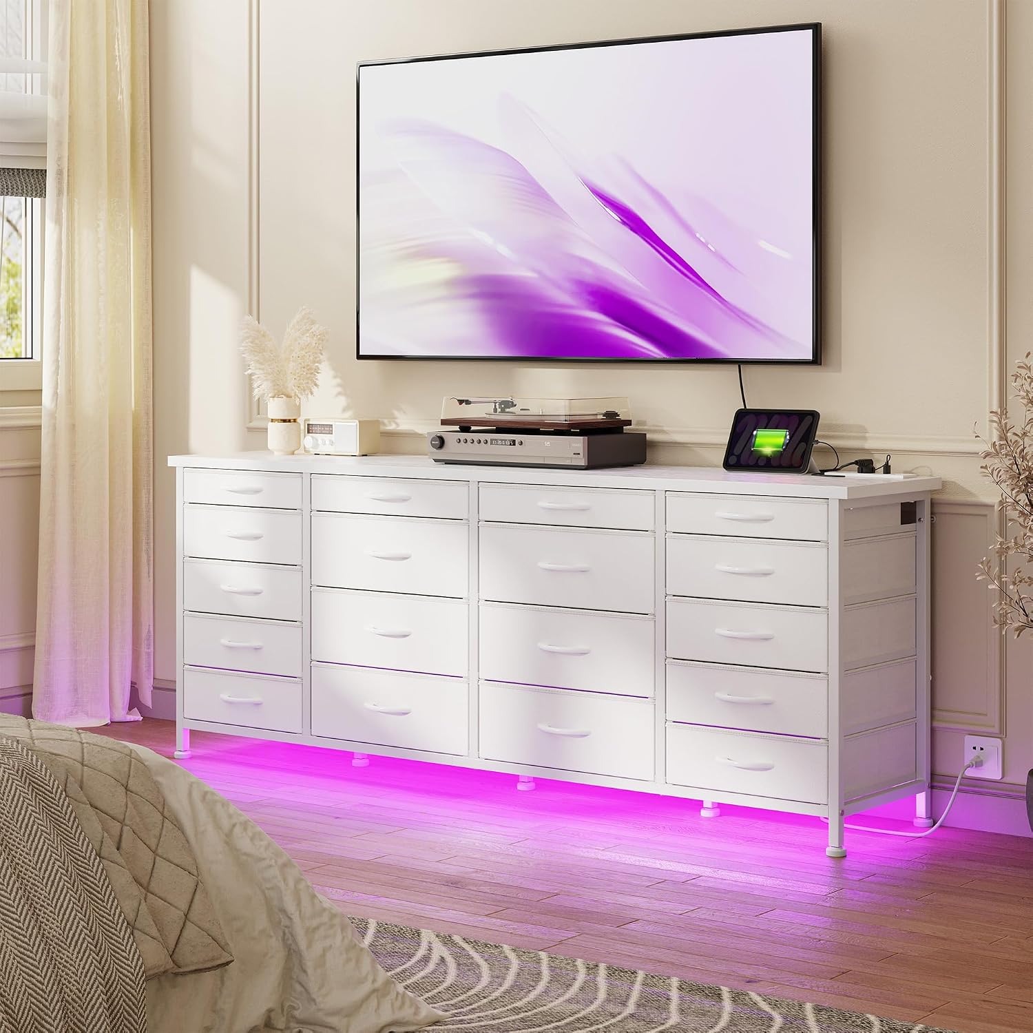 63'W TV Stand for Bedroom with LED Light & Power Outlets, Long White Dresser for Bedroom with 18 Deep Drawers for 65 70 75 inch TV, Fabric Dresser TV Stands for Living Room Entryway Hallway Closet