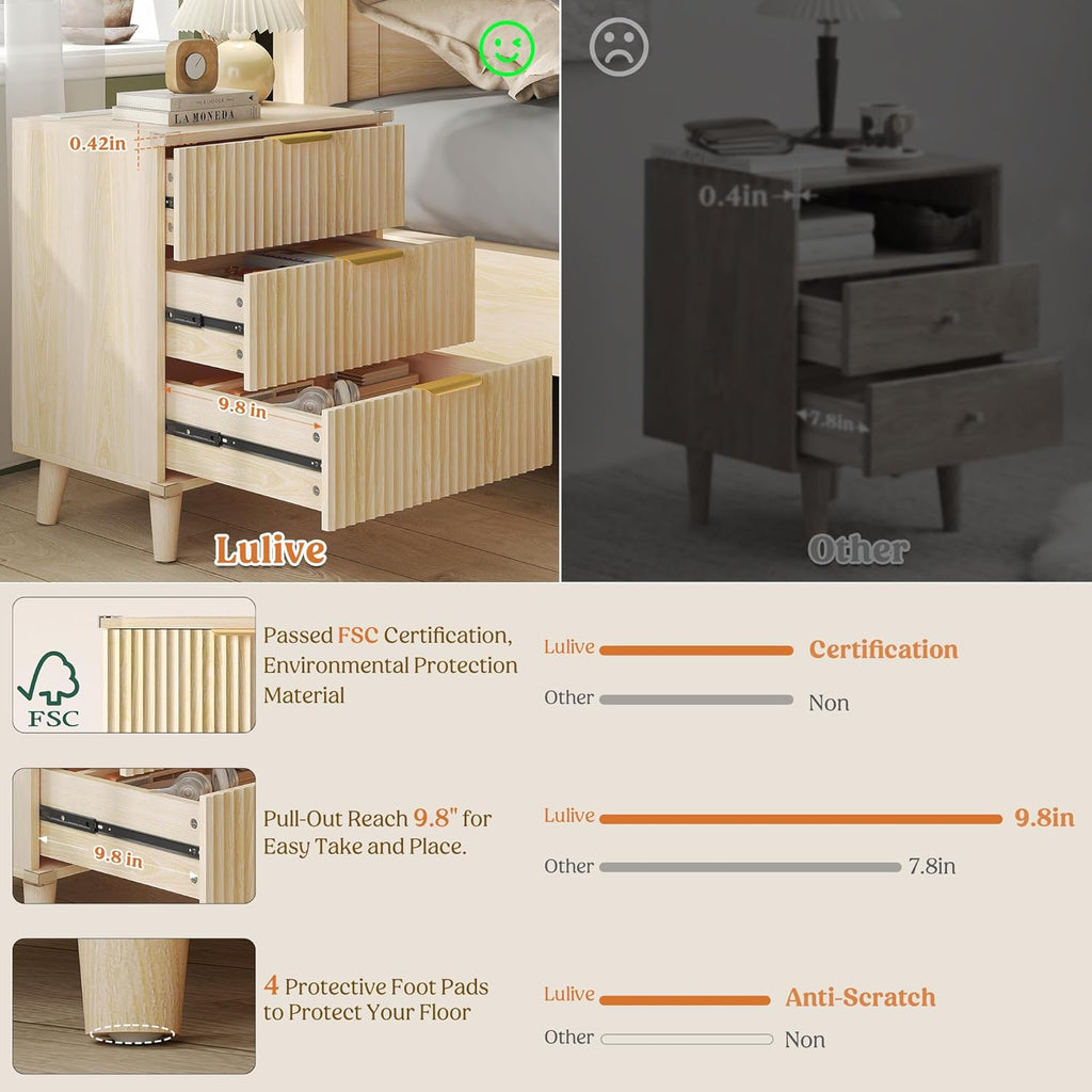 Lulive Wood 3 Drawers Dresser Fluted Night Stand with Charging Station, Storage Nightstand Modern Side Table, Bedside Table for Bedroom, Entryway Natural