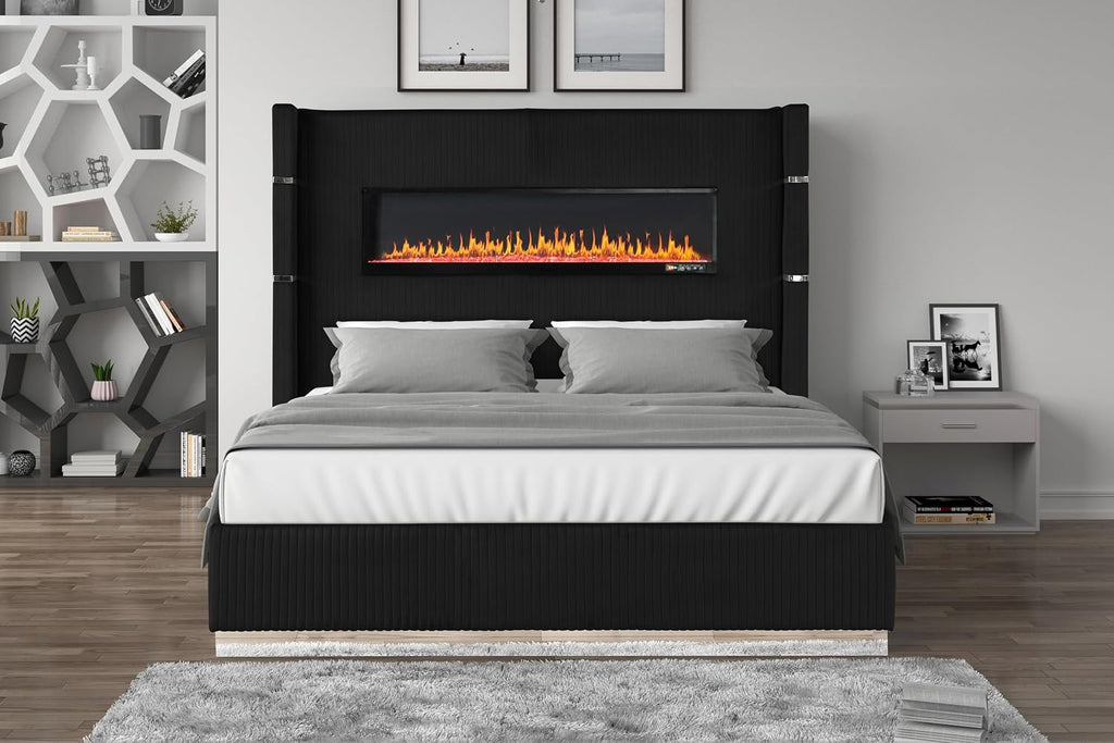 GOWE LIZZELLE Upholstery Wooden King 4 PC Bedroom Set with Ambient Lighting in Black Velvet Finish (NJ Inventory)