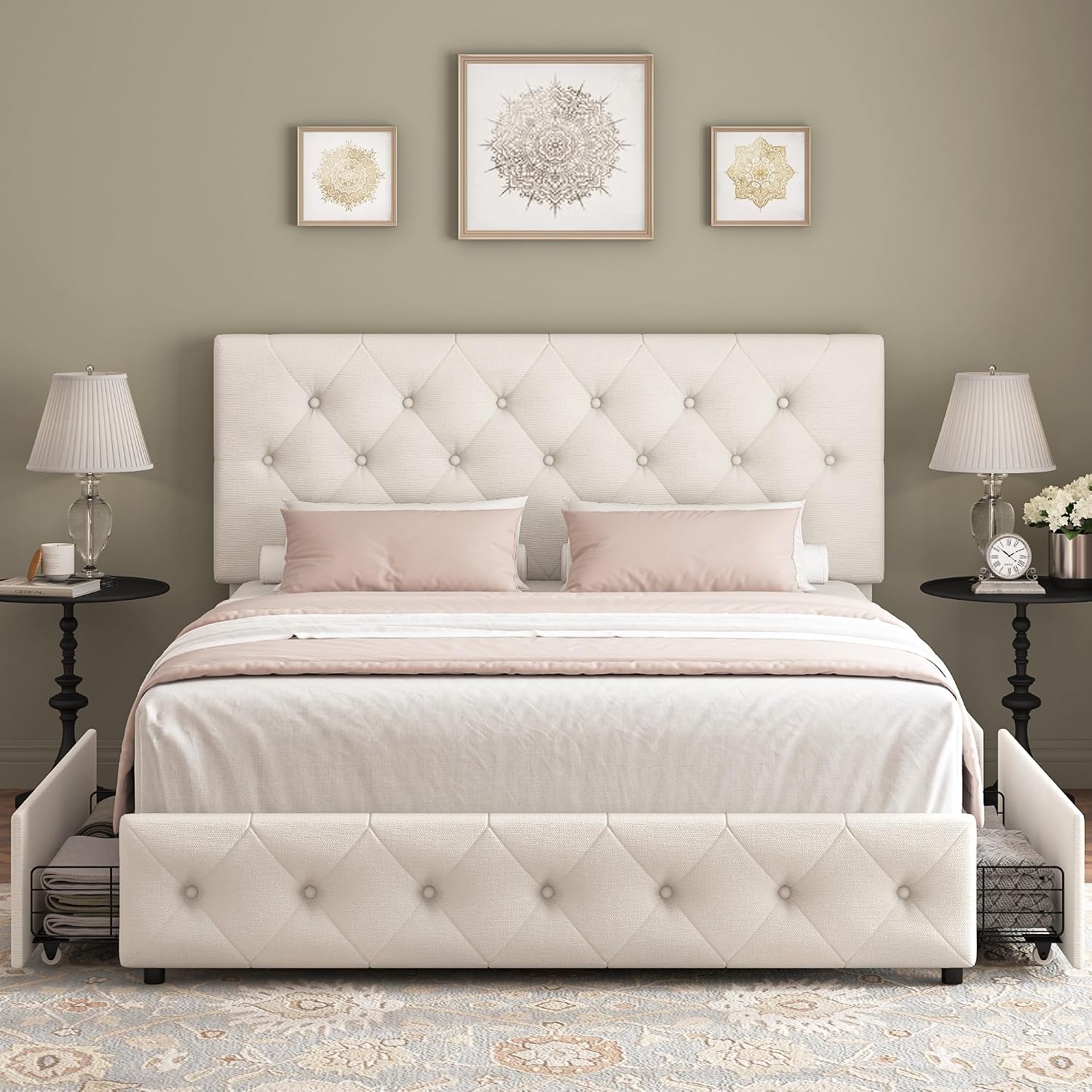 Keyluv Modern Upholstered Bed Frame with 4 Storage Drawers, Button Tufted Headboard Design, Solid Wooden Slat Support, Easy Assembly, Fabric, Beige, Queen Size