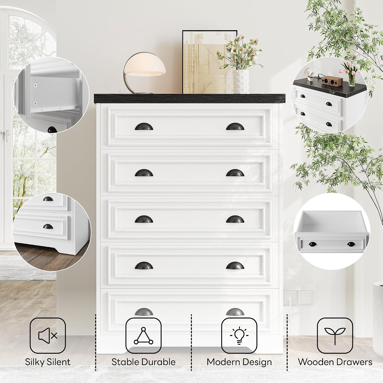 LIKIMIO 5-Drawer 43' Tall Dresser with Built-in Charging Station - Farmhouse Style Bedroom Storage Cabinet, Black &White