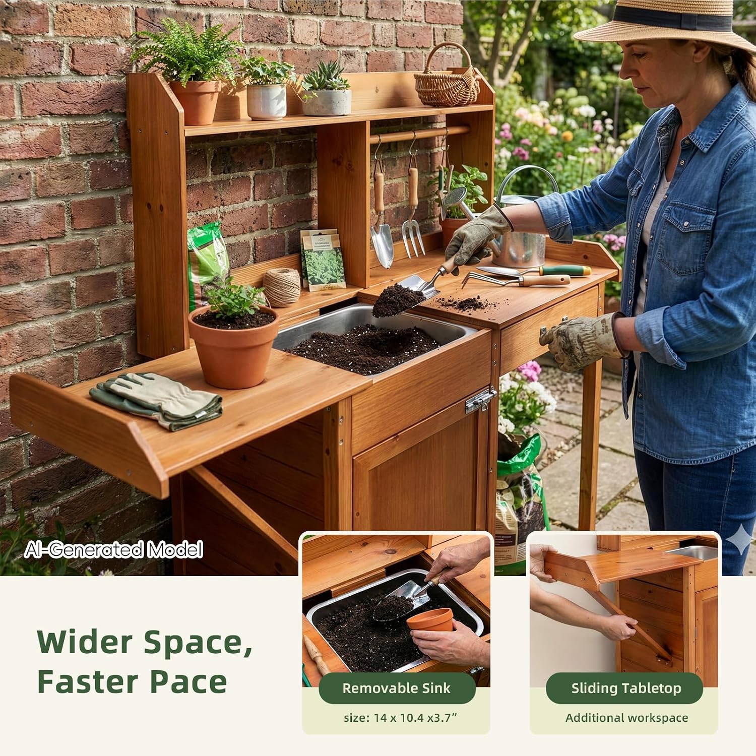 OOOK Potting Bench, Nordic Scots Pine Potting Table with Sliding Tabletop, Removable Sink, Garden Bench, Workstation for Outside Patio Lawn, Wooden Garden Work Station