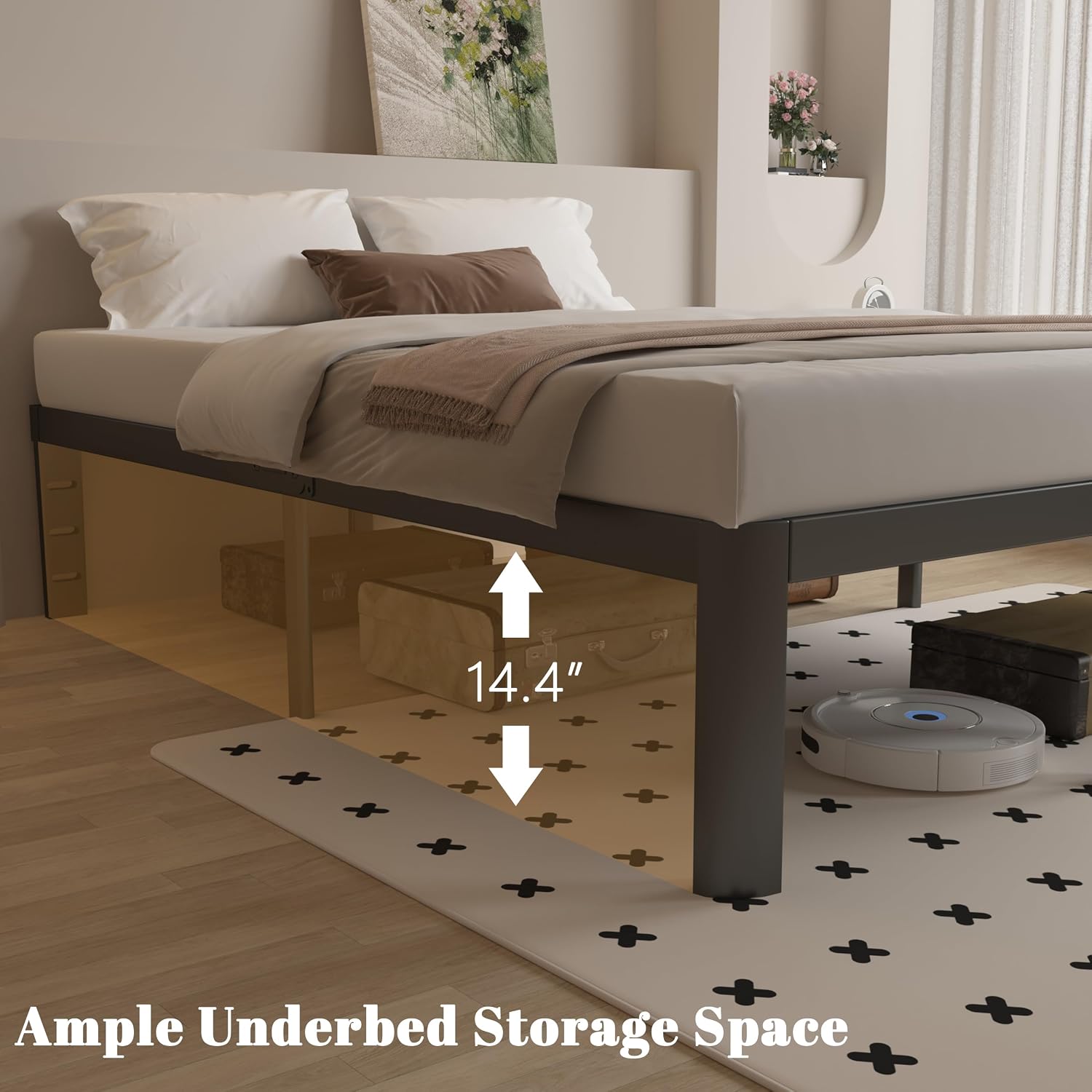 King Size Bed Frame 16 Inch Black, Metal King Bed Frame with Baffles, No Box Spring Needed, Heavy Duty Steel Platform Support, Round Corner Design, Reserved Holes, Noiseless, Easy Assembly