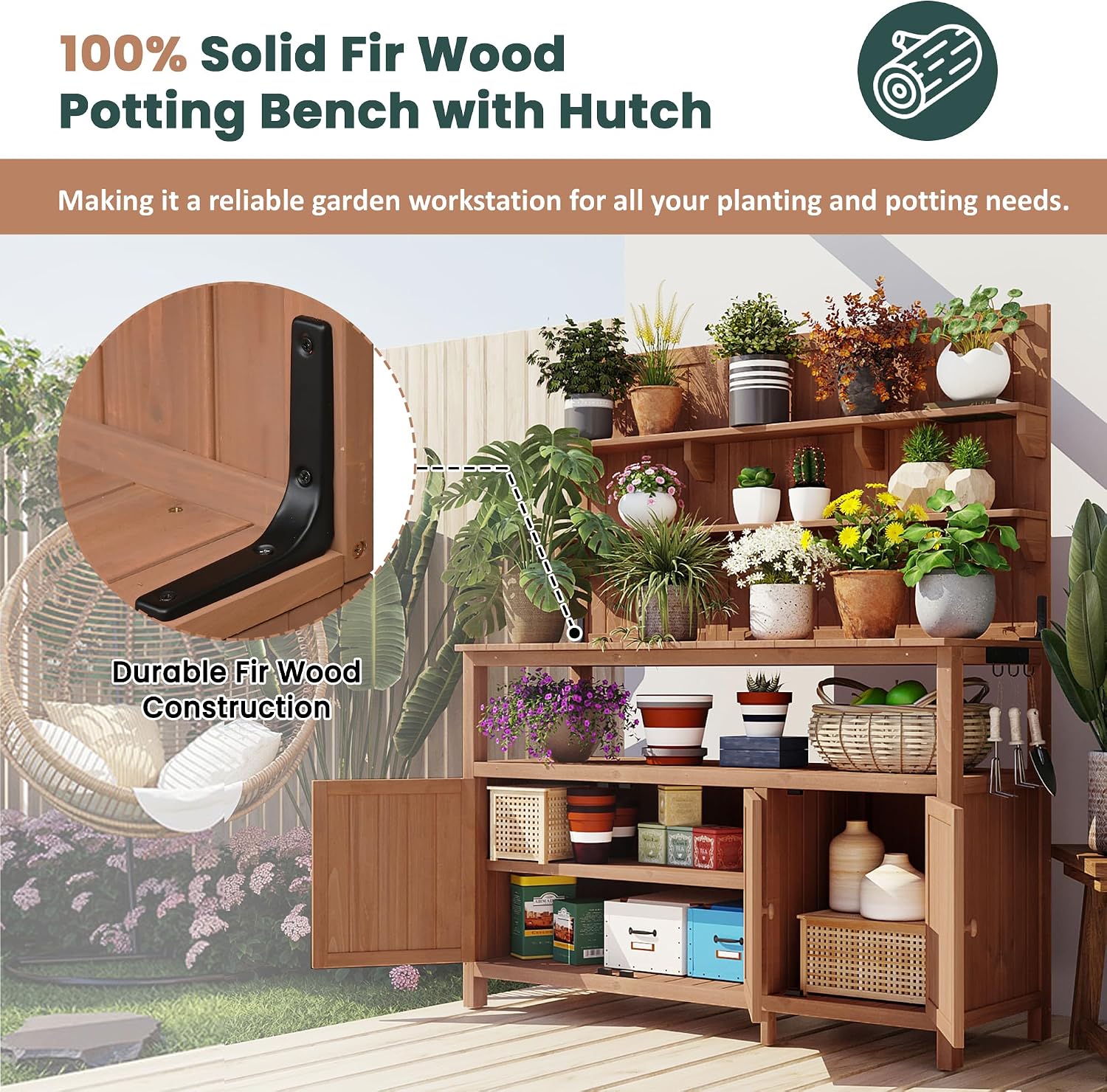 Polibi Potting Bench with Hutch,Solid Fir Wood Garden Workstation with 50.2x19.6 inch Large Countertop, 2 Shelves, 2 Cabinets, 3 Side Hooks,Outdoor Planting Table for Gardening,Natural
