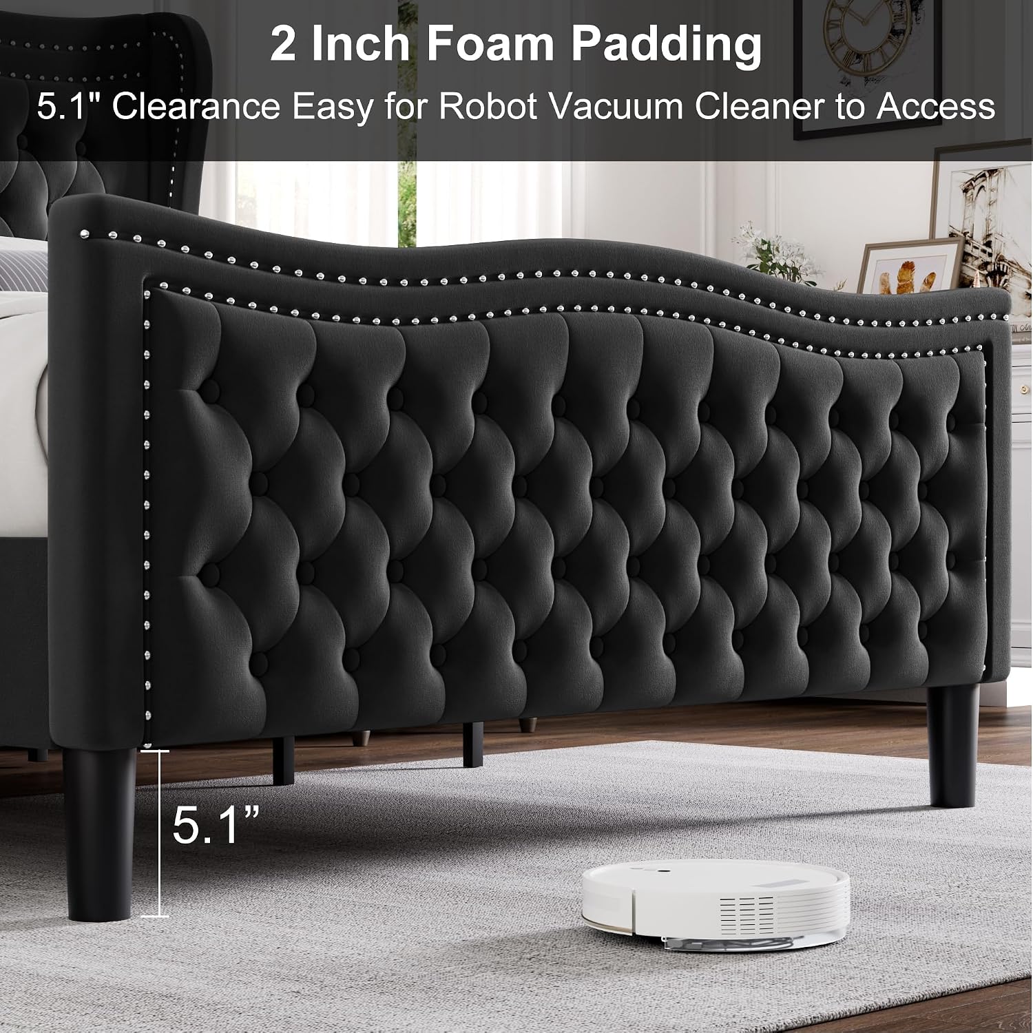 Full Bed Frame with Tall Headboard & Footboard, Velvet Upholstered Platform Bed Frame with Deep Button Tufted Wingback, No Box Spring Needed, Noise Free, Black