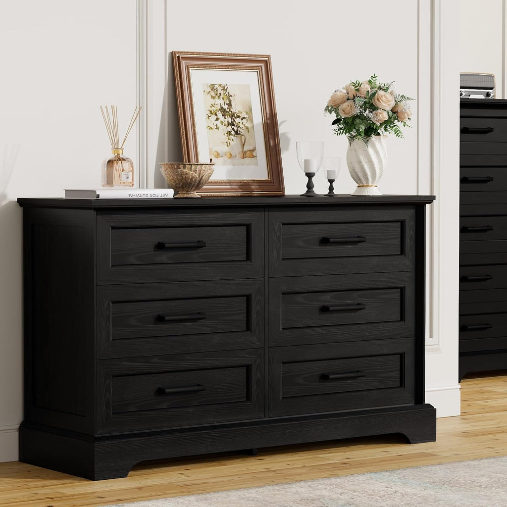 Furmax Farmhouse Dresser for Bedroom, 6 Drawers Dresser, Wood Chest of Drawers, 47.2' Wide Storage Dressers Organizer for Bedroom, Living Room, Dark Black