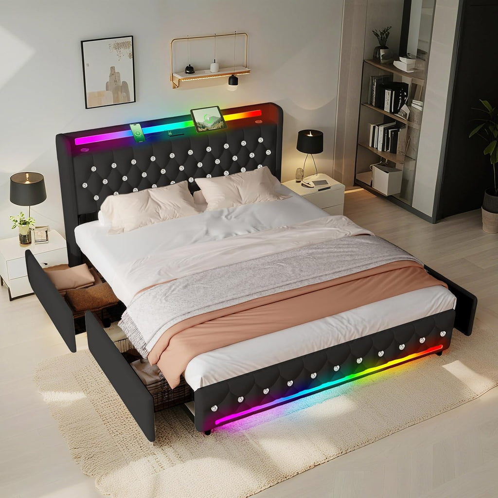 Juego 5-in-1 LED Queen Upholstered Platform Bed Frame with Bluetooth Speakers,Velvet Bed with Headboard,USB & Type-C Charging Station,4 Drawers Storage and Wooden Slats Support,Noise Free,Black