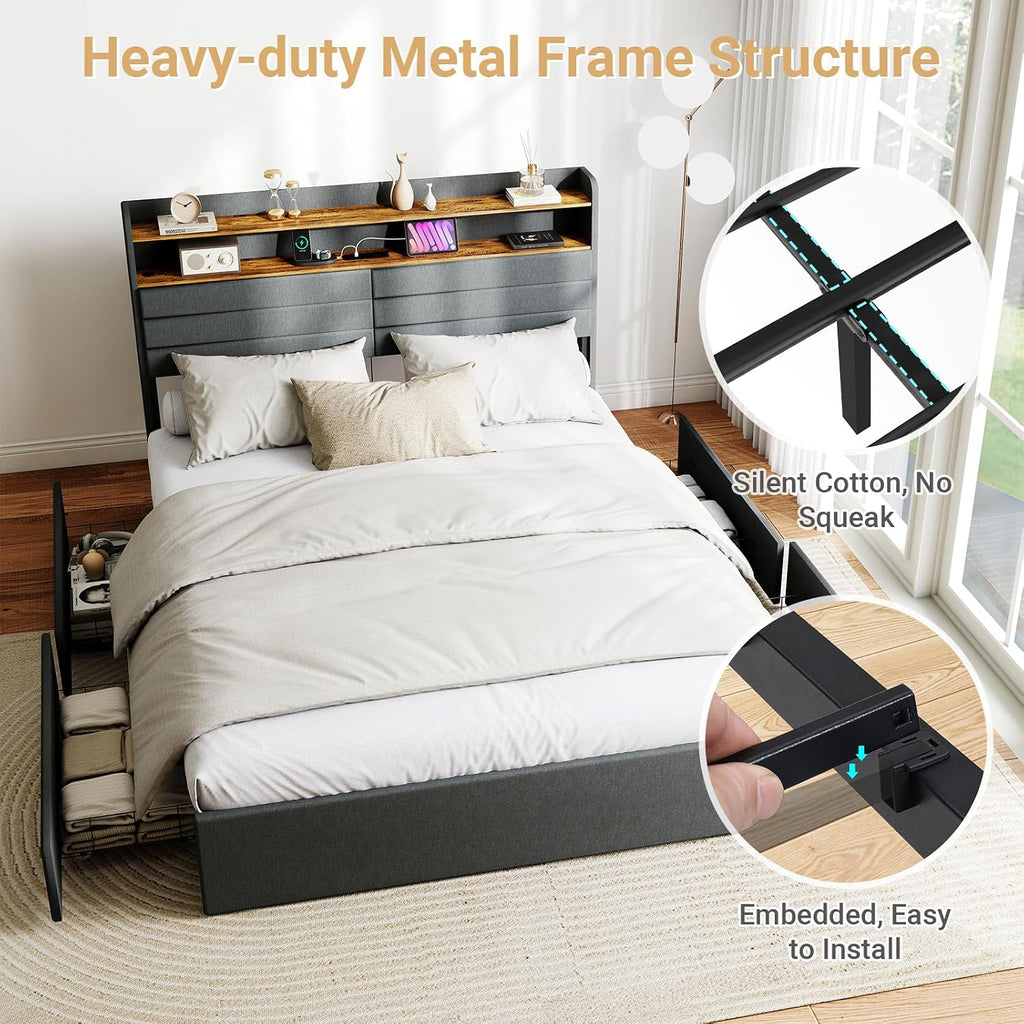 Zevemomo Queen Bed Frame with 4 Storage Drawers, Queen Size Upholstered Bed Frame with Headboard, LED, Charging Station with USB Ports & AC Outlets, Sturdy Metal Slat Support, Noiseless, Gray