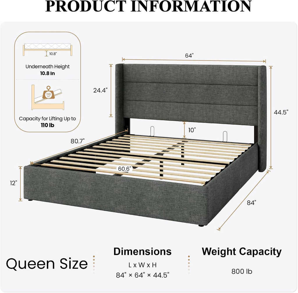 SHA CERLIN Queen Size Lift Up Storage Bed/Modern Wingback Headboard/Upholstered Platform Bed Frame/Hydraulic Storage/No Box Spring Needed/Wood Slats Support/Dark Grey