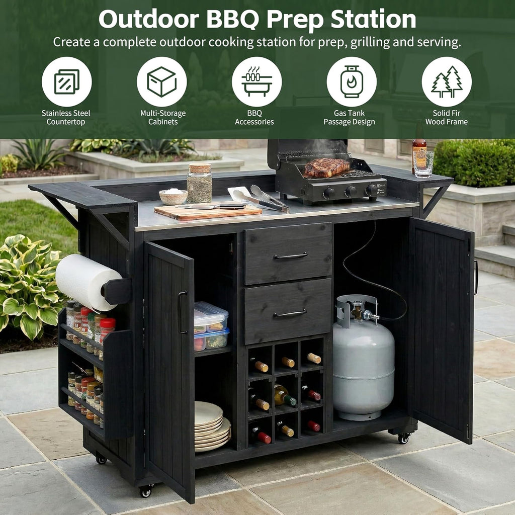 Modern 60.2''W Outdoor Kitchen Island with Wheels,Rolling Patio BBQ Cart with Stainless Steel Top,Wood Grill Cart with Spice Rack&Wine Rack,2 Drawers (Black-T)