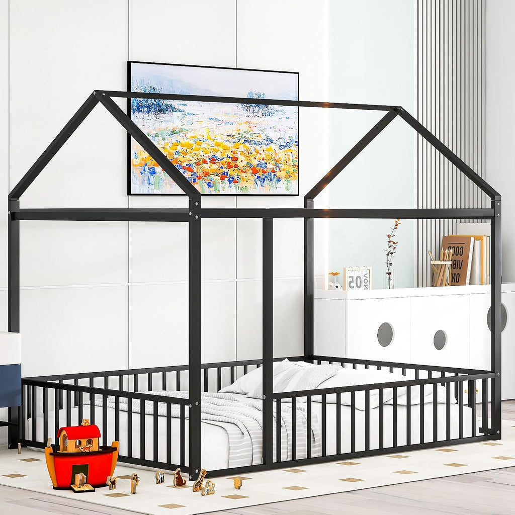 Bellemave Full Size House Floor Bed with Rails and roof, Metal House Bed for Kids, Montessori Floor Beds for Kids, Black