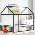 Bellemave Full Size House Floor Bed with Rails and roof, Metal House Bed for Kids, Montessori Floor Beds for Kids, Black
