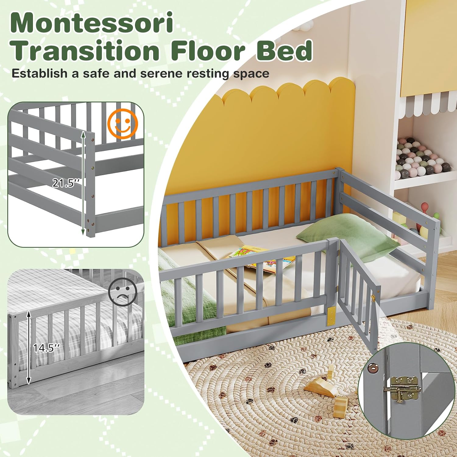 KOMFOTT Twin Size Wood Floor Bed with Door & 21.5' Fence, Montessori Bed Frame with Full Length Safety Guardrails, Door & Latch, Wooden Montessori Floor Bed for Kids, Girls, Boys