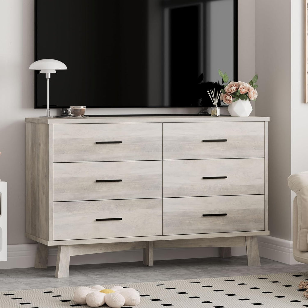 Xixini Dresser for Bedroom, 6 Drawer Wide Modern Chest of Drawers with X-Shaped Sturdy Base, Wood Double Dresser Closet Clothes Storage Organizer, Wooden TV Stand for Living Room, Hallway, Grey
