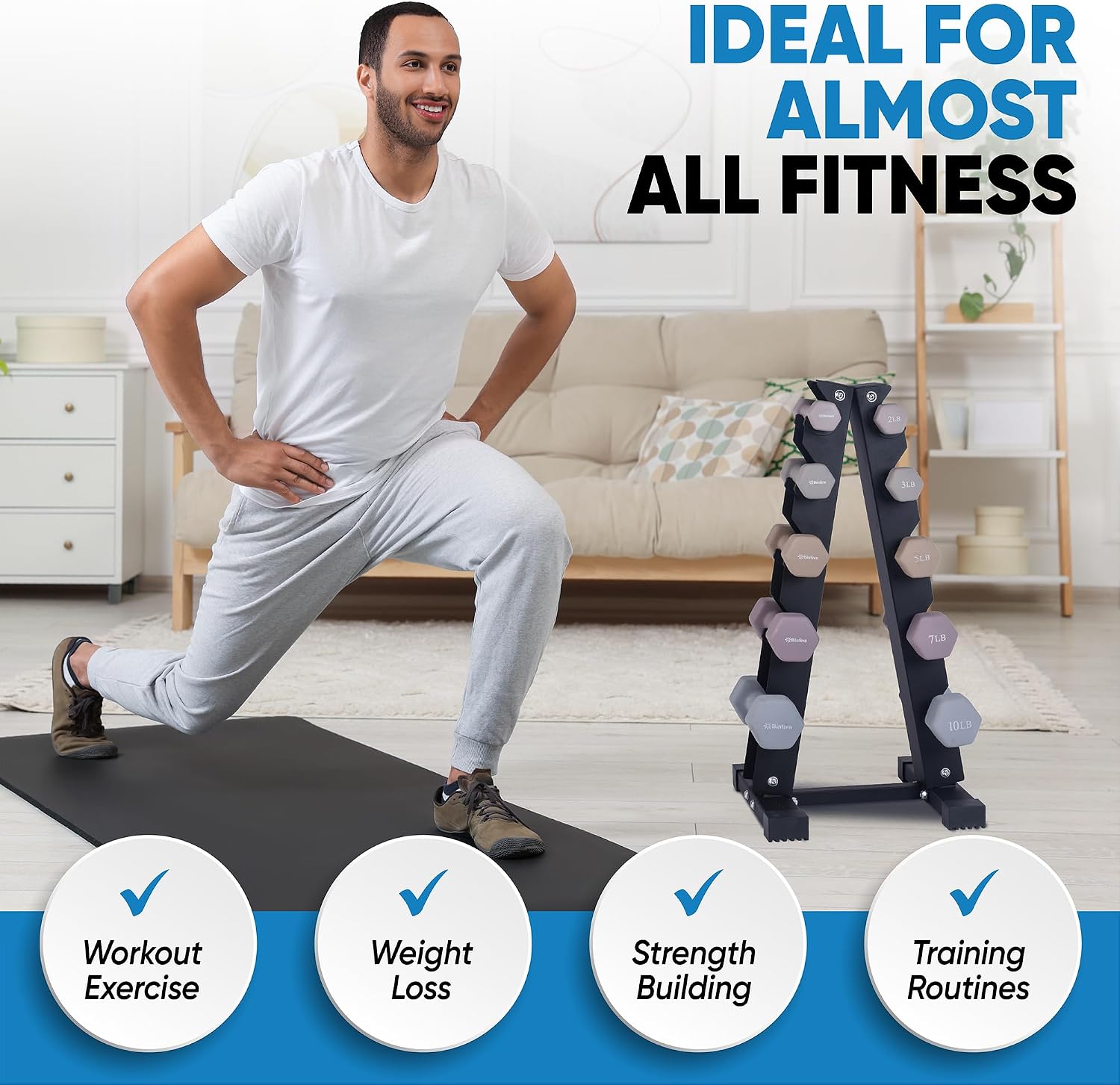 Dumbbell Set with Rack - Neoprene Coated Weights - Hex Color Coded Dumbell Pairs 1-20 LBs