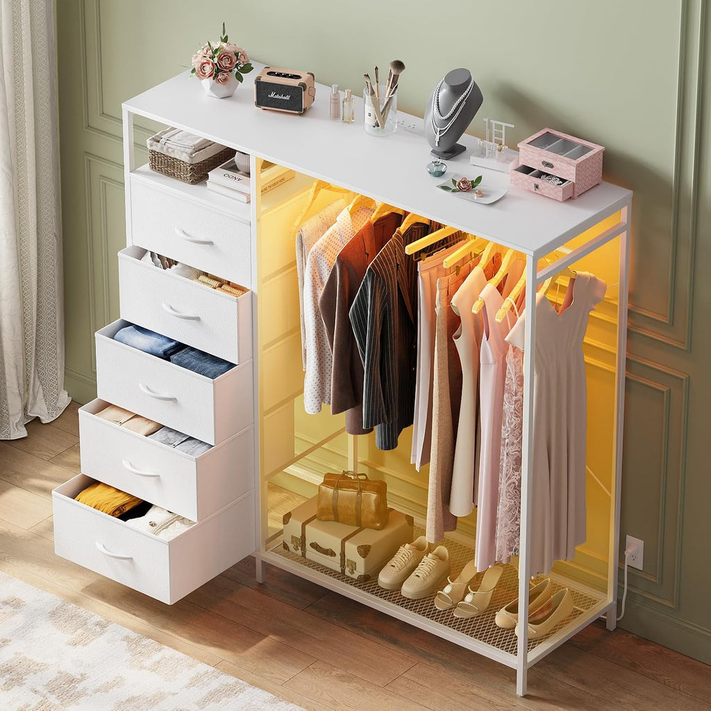 47 Inch White Dresser with LED Lights & Hanging Rack, 5 Drawer Fabric Dresser with Charging Station and Shelves, Tall Closet Organizer for Bedroom Clothes Storage