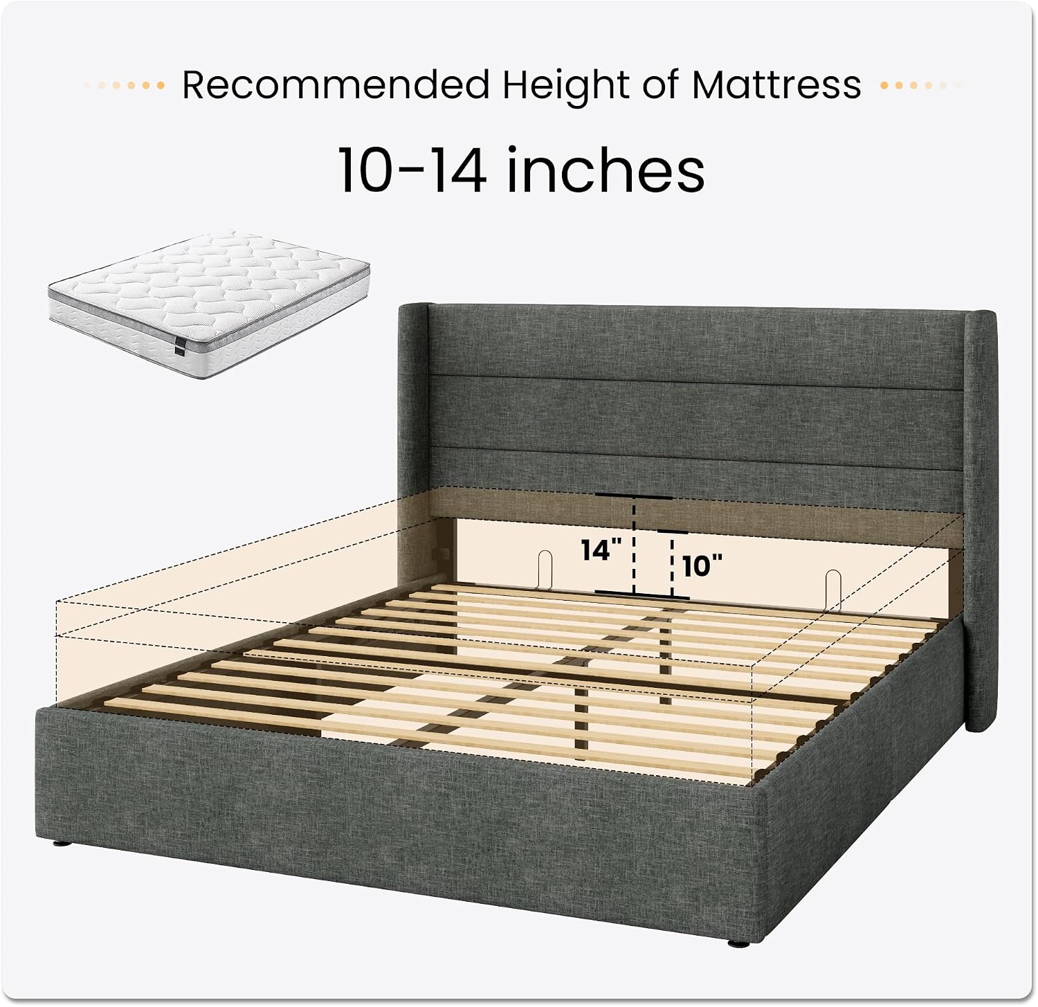 SHA CERLIN Queen Size Lift Up Storage Bed/Modern Wingback Headboard/Upholstered Platform Bed Frame/Hydraulic Storage/No Box Spring Needed/Wood Slats Support/Dark Grey