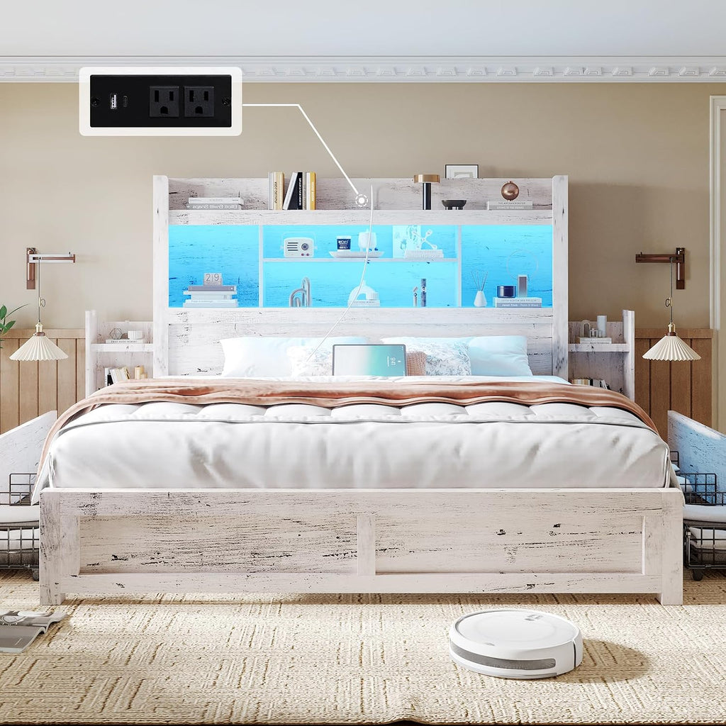 LUXOAK King Bed Frame with 49.6' Bookcase Headboard & 2 Bedside Stoage Racks & 4 Drawers, Farmhouse Wood Bed Frame with RGB LED & Charging Station, No Box Spring Needed, Distressed White