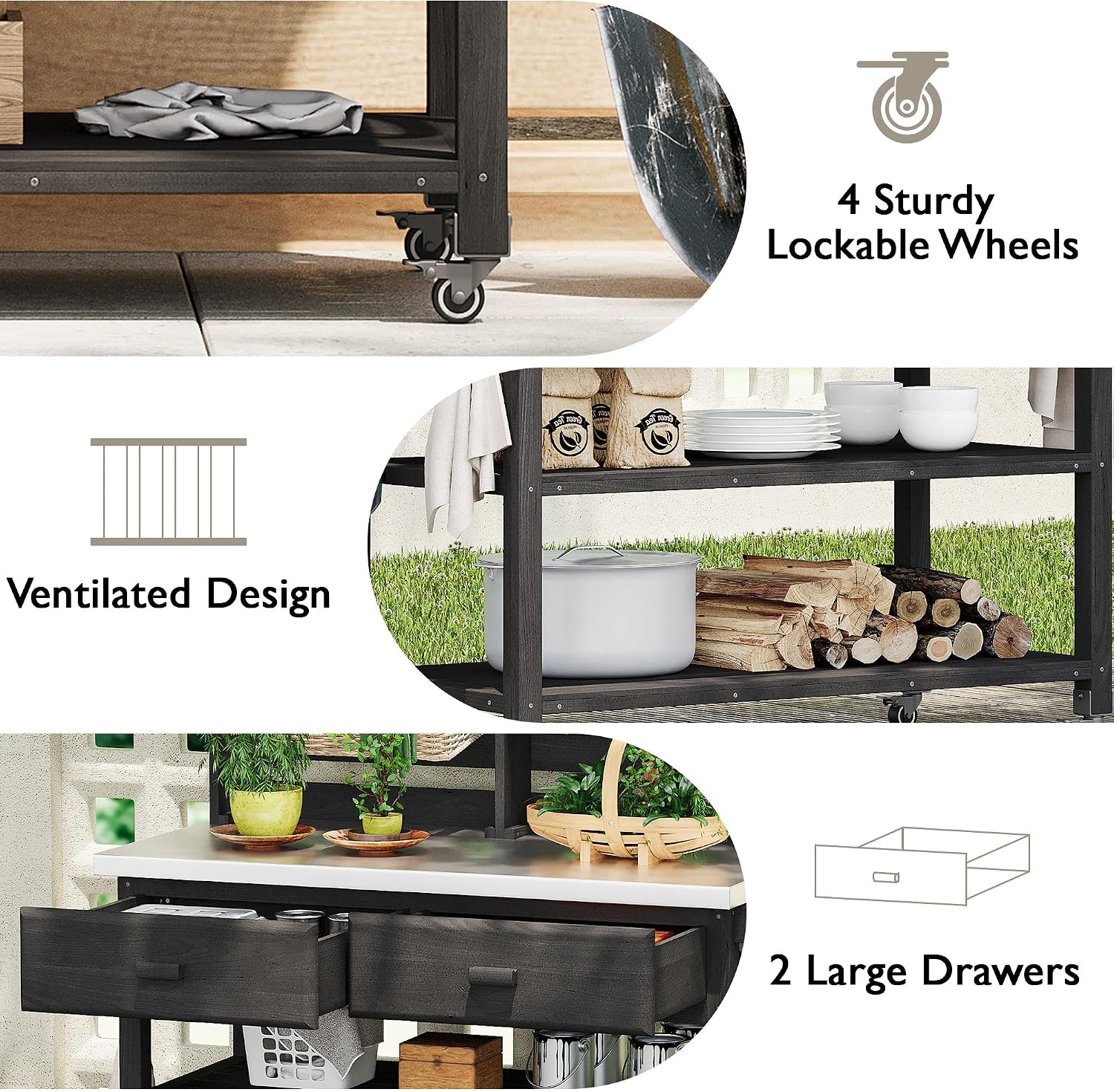64.9' H Outdoor Potting Bench Table, Rolling Workstation Table with Lockable Wheels, Solid Wood Outdoor Kitchen Island with Upper Hutch, Stainless Steel Top and Towel Rack for Grilling, Lawn Garden