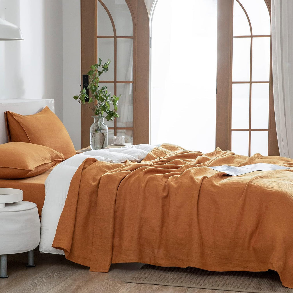EVERLY Linen Sheets Set Full Size,100% French Stonewash Pure Linen Sheets Set,4Pieces (1Flat Sheet,1Fitted Sheet,2Pillowcase) Suitable for Hot Sleepers,16Inch Deep Pocket Natural Bedding Set-Caramel