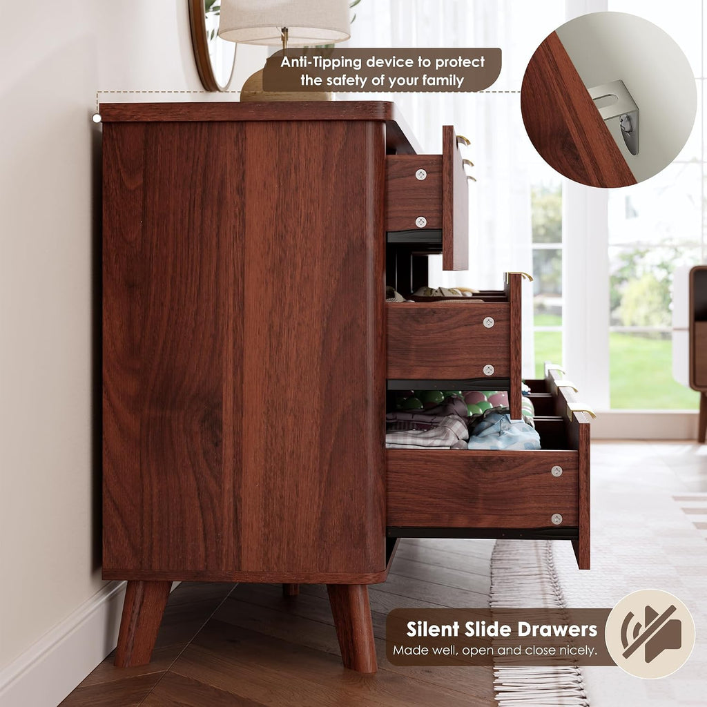 GarveeHome Fluted Dresser for Bedroom with 9 Deep Drawers, 60.6 in Wide Modern Chest of Drawers, Wooden Dresser TV Stand, Curved Profile Design, for Living Room, Kids Room, Hallway, Walnut