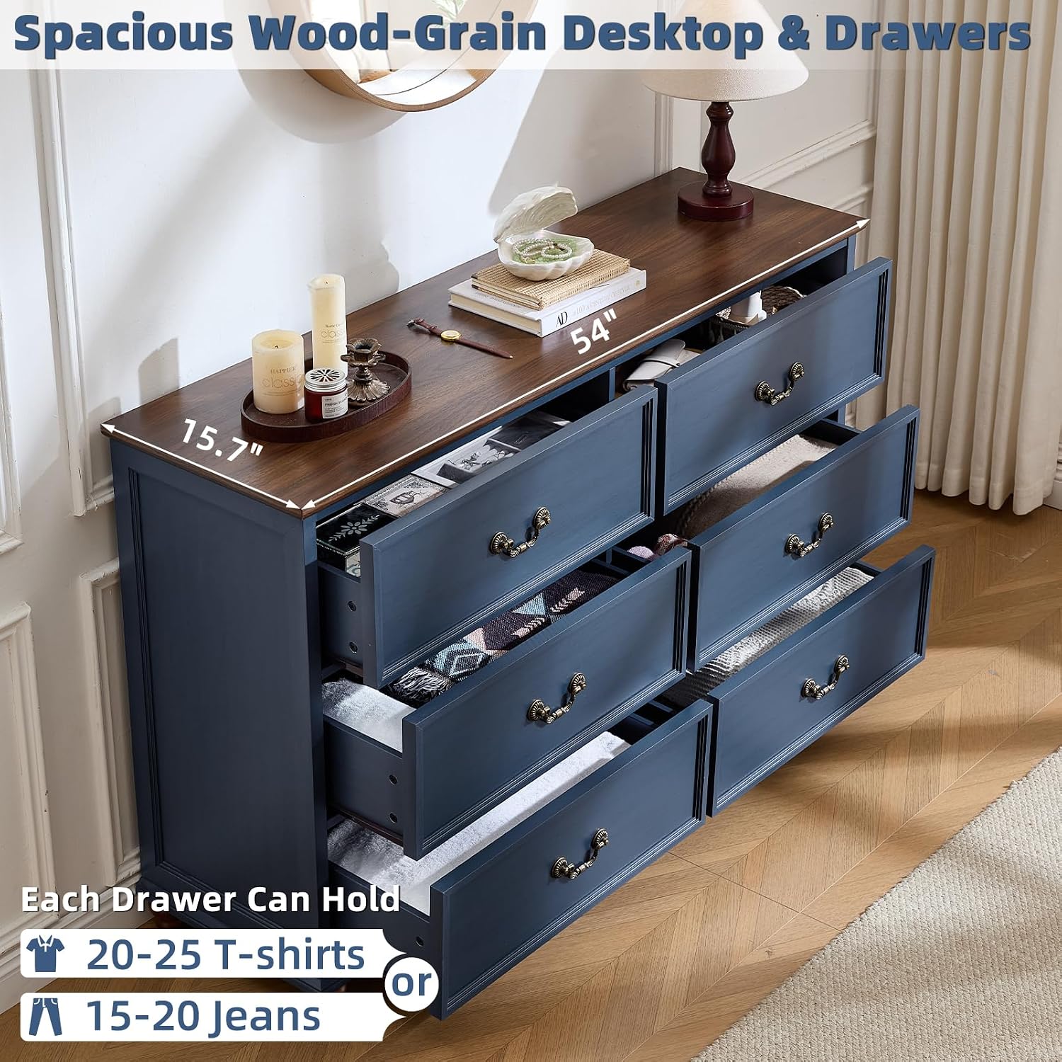 Joaxswe Farmhouse 6 Drawers Dresser for Bedroom, Vintage 54' Wide Chest of Drawers w/ 4 Wooden Legs, Rustic Large Closet Storage Dressers Organizer for Hallway, Wood TV Stand for Living Room, Blue
