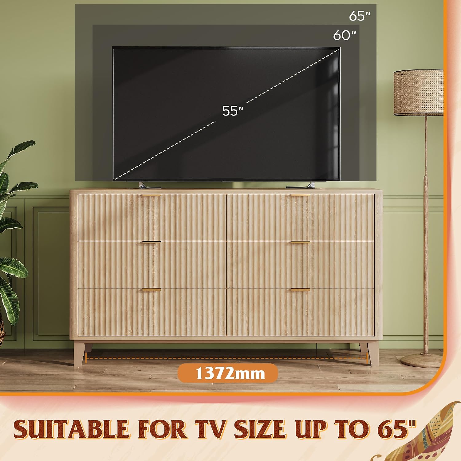 WLIVE Fluted Dresser for Bedroom with 6 Drawers, 54' Wide Wood Dresser with Metal Handles, TV Stand for 65 inch TV, Mid Century Modern Chest of Drawers for Living Room, Hallway, Closet, Natural Oak