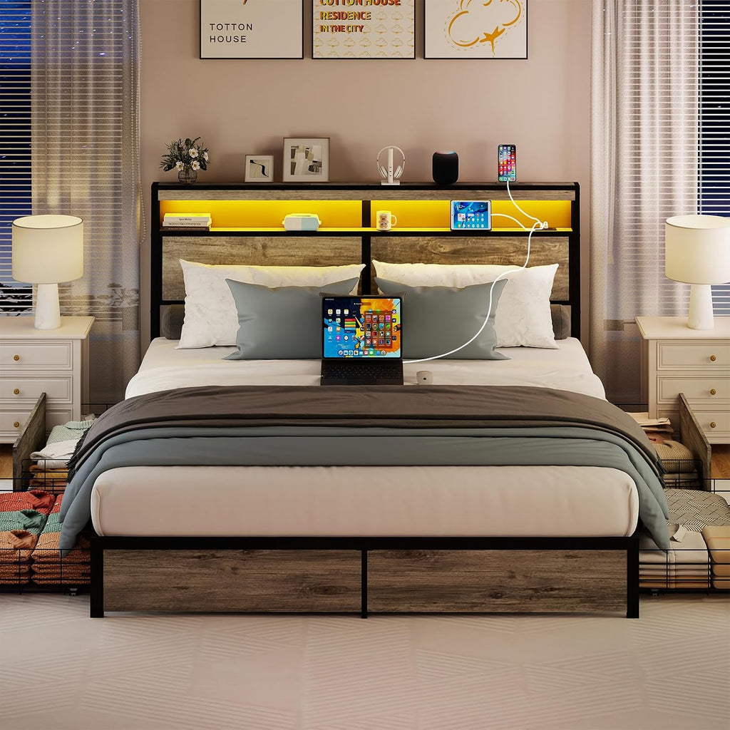 SADENICEL King Size Bed Frame with Storage Headboard, Metal Platform King Bed Frame Wood with 4 Drawers, LED Light, Charging Station, No Box Spring Needed, Noise Free, Easy Assembly, Grey