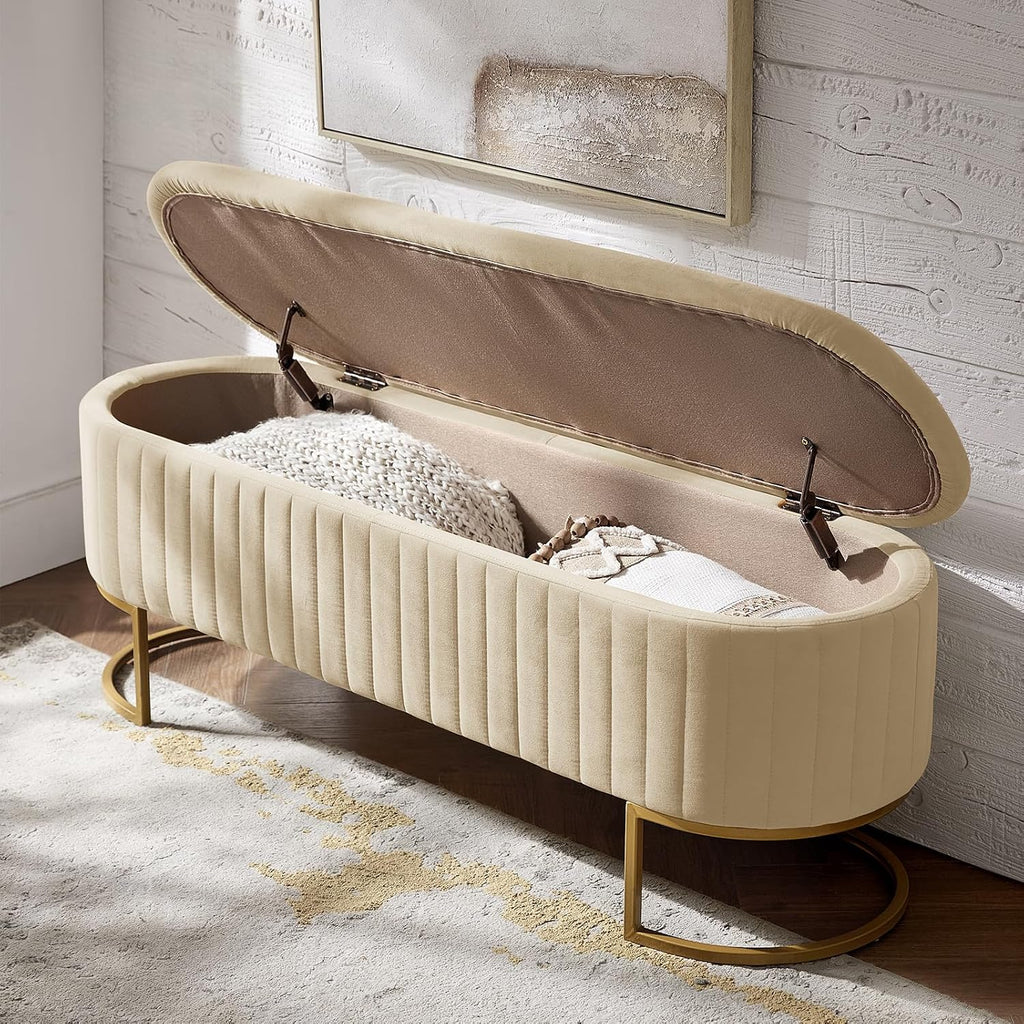 EcoHarbor Living 50.5' Storage Bench Hallway Ottoman,Upholstered End of Bed Bench Velvet with Gold Legs,Flipping Lid Entryway Footrest