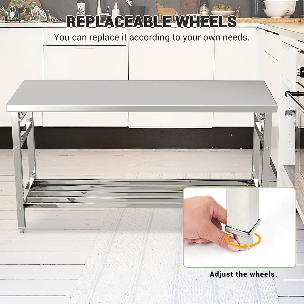 48''x24'' Stainless Steel Folding Preparation Table with Adjustable Undershelf, NSF Commercial Heavy-Duty Workbench, for Kitchen, Hotel, Home, Outdoor Cooking Table