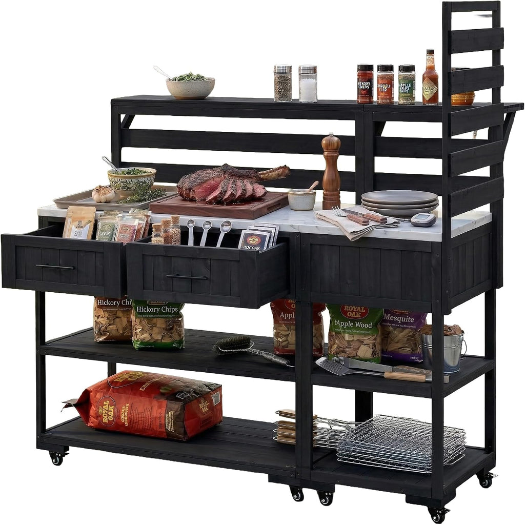Merax 62.3' W Outdoor Kitchen Island with Stainless Steel Top, Rolling Grill Cart with Lockable Wheels, Garden Potting Bench with Raised Shelf and Drawers, Grill Prep Table for BBQ, Party, Black