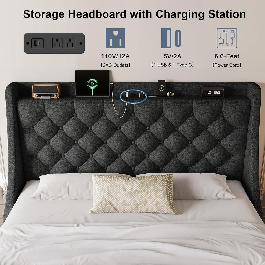 Full Size Bed Frame with 4 Storage Drawers & Charging Station, Linen Button Tufted Wingback Headboard Upholstered Platform Bed, Sturdy Wooden Support Slats, No Box Spring Needed, Dark Grey